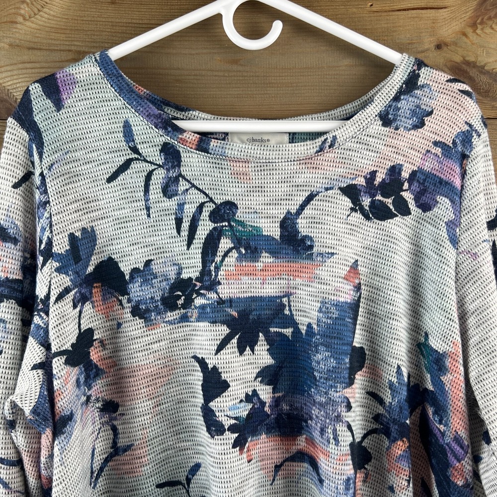 CJ Banks Womens Shirt Long Sleeve Twist Front‎ Round Neck Floral Mesh Size 1X - Picture 2 of 8